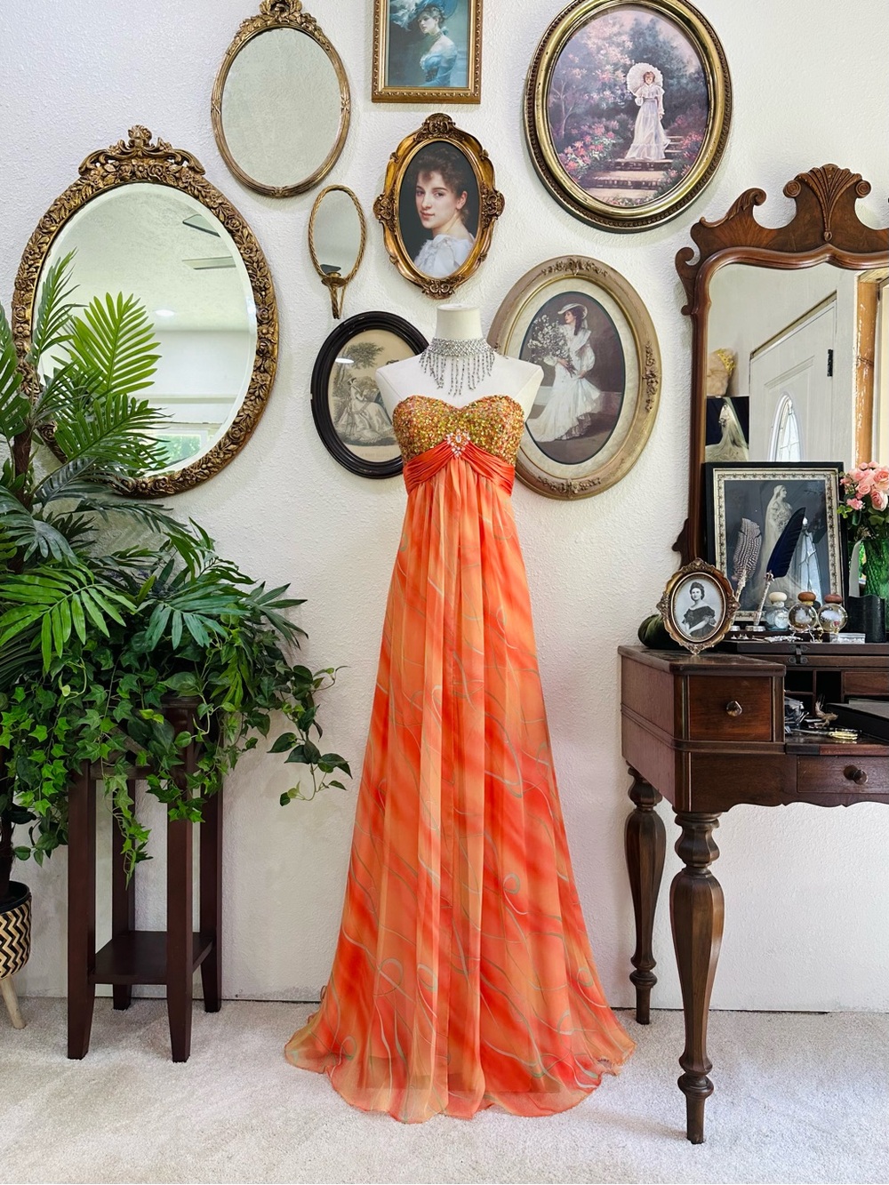 Strapless Orange Ombre Maxi Dress with Embellished Bodice
